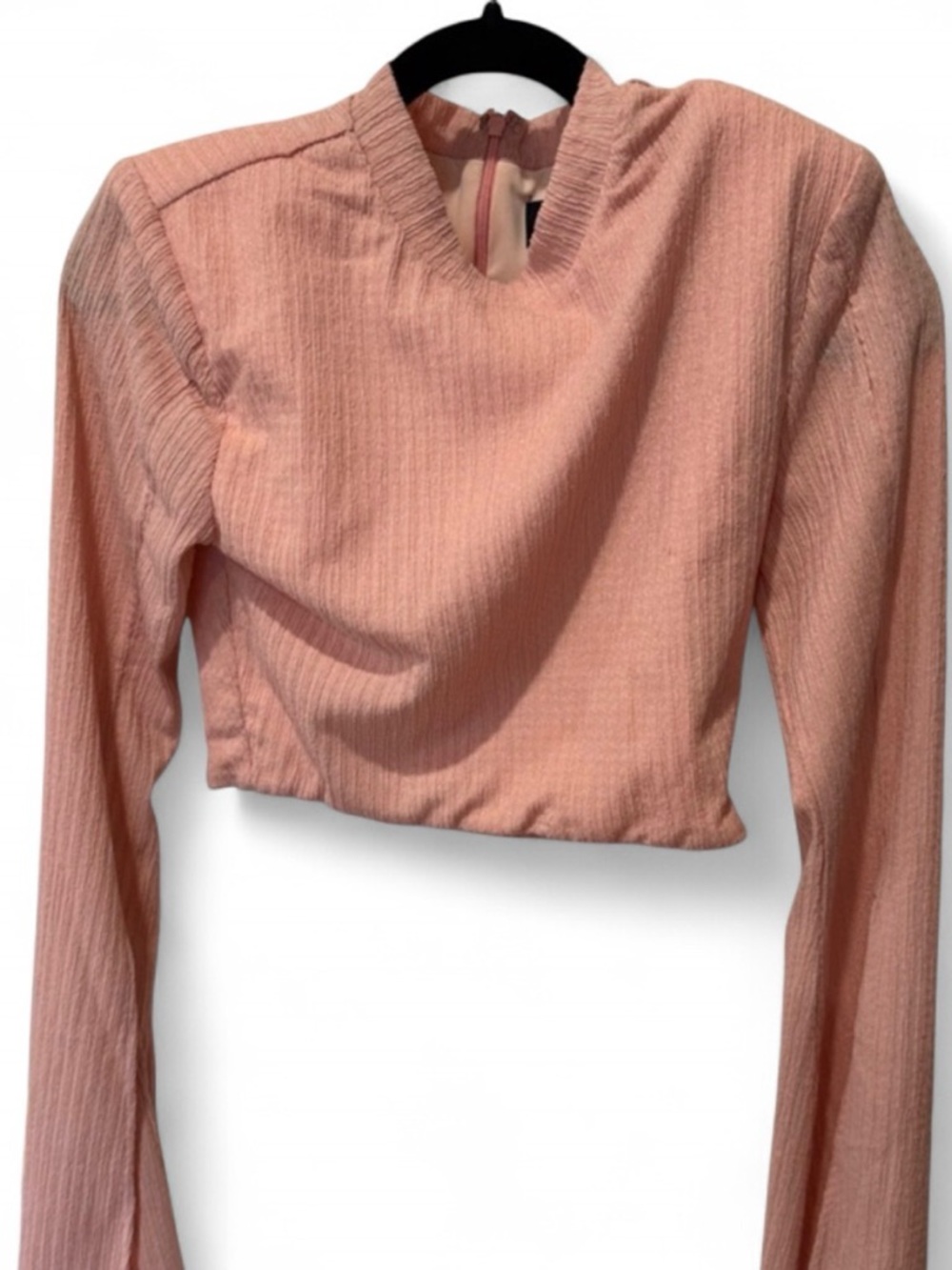 Michael Costello Blush Pink Ribbed Long-Sleeve Crop Top